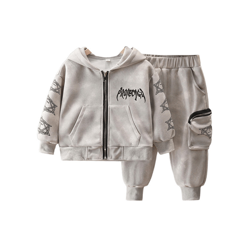 7090 traje de primavera para niños 2025 nueva chaqueta con capucha de primavera para niños ropa deportiva de primavera de dos piezas de moda