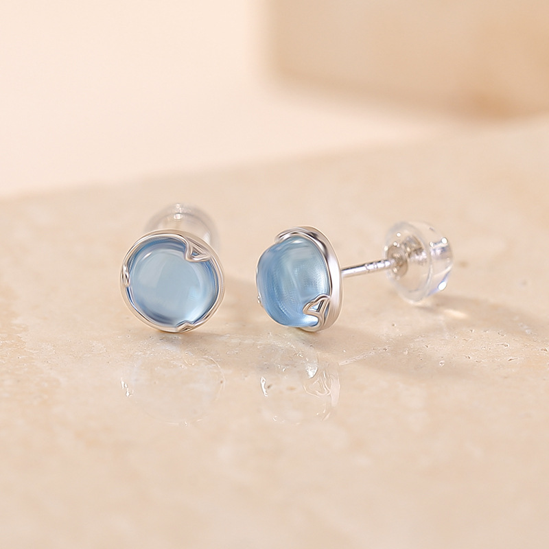 Bông tai bạc S925 đính đá Aquamarine hình lá bạch quả nhỏ — Một cặp