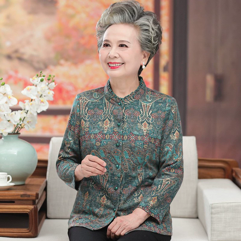 Бабушка весна и осень рубашка с длинными рукавами пожилая женщина 60 пожилая одежда пожилая мама