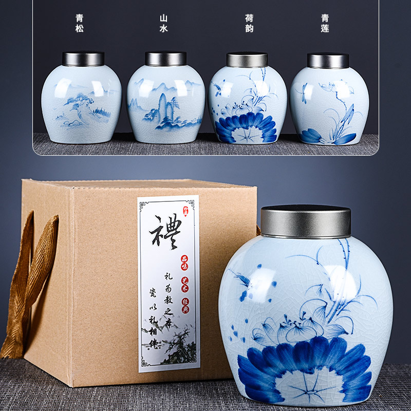 Ge kiln hand-painted tea canister, Gongfu tea set, tea storage canister, home use large size ceramic red and green tea sealed storage canister