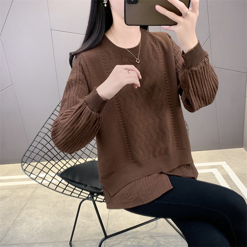 圆领针织拼接假两件衬衫女2025春秋时尚毛衣高级感卫衣针织衫上衣|undefined