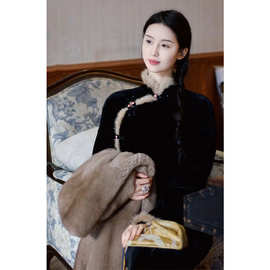 8504新中式年轻款少女改良旗袍新款国风黑色长袖连衣裙子女冬季