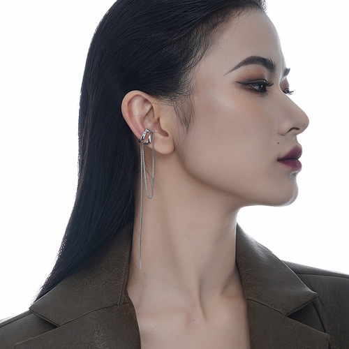 E5123 Tassel ear clip Korean version S925 sterling silver chain micro-inlaid zircon ear bone clip for women without pierced ears double layer hollow