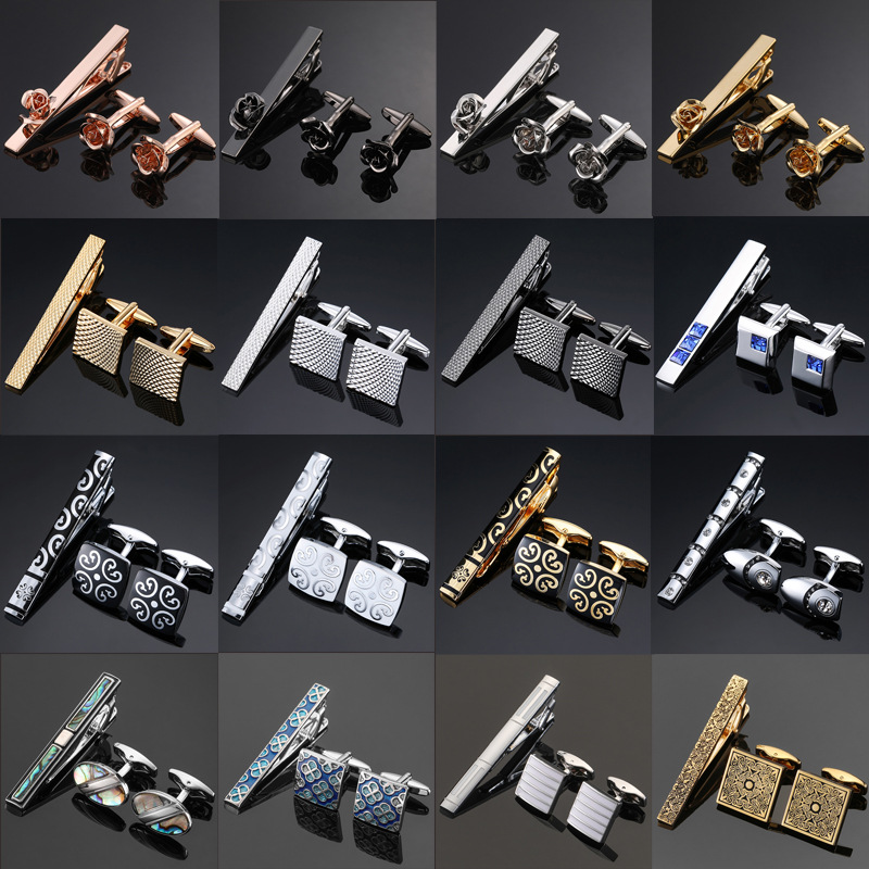 Jiaomei Gold and Silver Black Crystal Rose Enamel Pattern Batch Flower Tie Clip Cufflinks Set Wholesale in Stock