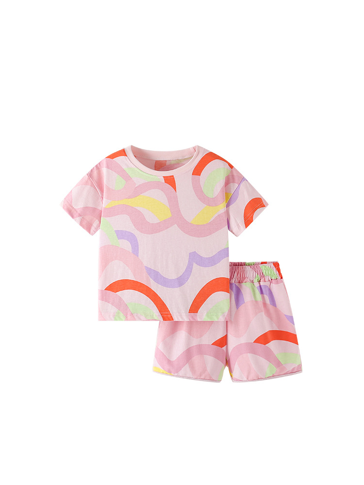 Traje de niña malwee transfronterizo verano nuevo estilo europeo y americano niños pequeños y medianos cuello redondo camiseta de manga corta pantalones de dos piezas
