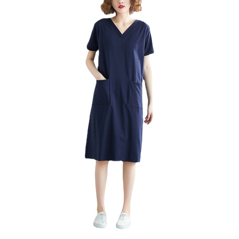Gran tamaño de ropa de mujer de verano suelta coreana media y larga camiseta gorda mm color sólido V-collar delgado vestido de mangas cortas