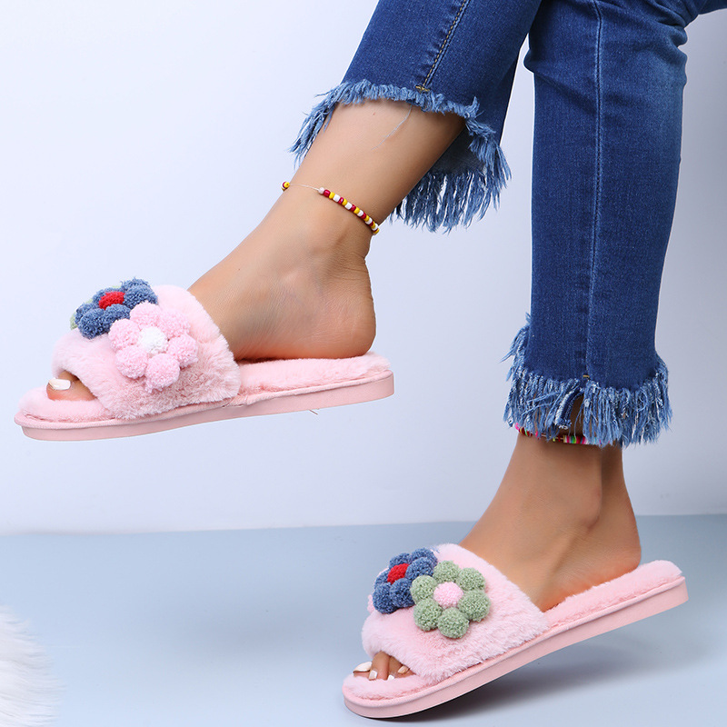 Flat-Bottomed Colorful Flowers Furry Slippers NSKJX104840