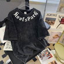 欧美高街复古做旧字母短袖T恤情侣装春夏季潮牌嘻哈慵懒宽松上衣