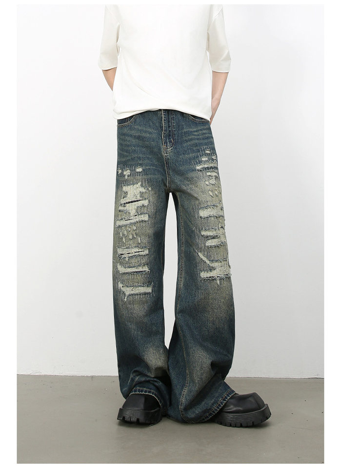 Quần jean nam ống rộng denim rách giặt cũ phong cách đường phố — Màu xanh lam, Đen xám chi tiết 10