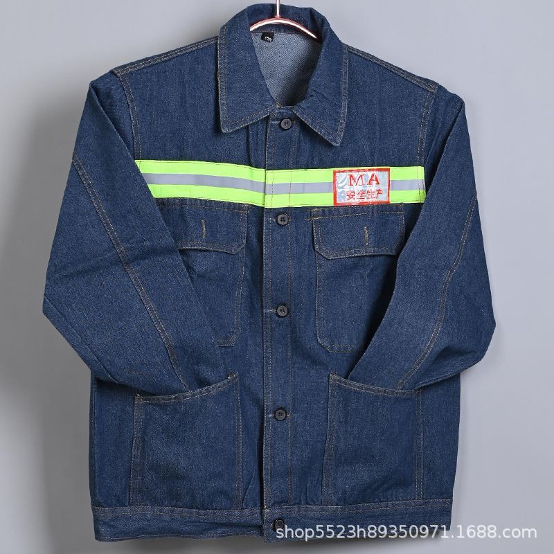 Conjunto de ropa de trabajo para hombre, adecuado para soldadores de minas de carbón, sitios de construcción, fábricas y talleres, ropa de protección laboral de manga larga gruesa, mezclilla reflectante.