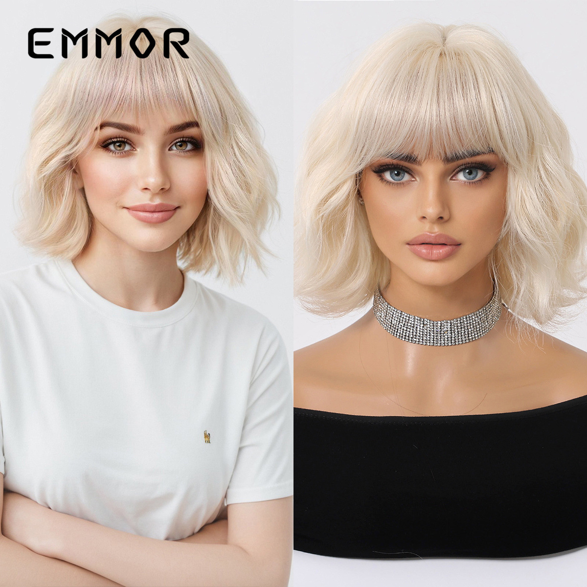 Peluca femenina pelo corto y rizado neto neto natural Qi flequillo realista Bobo cabeza dorada cubierta completa wigs spot