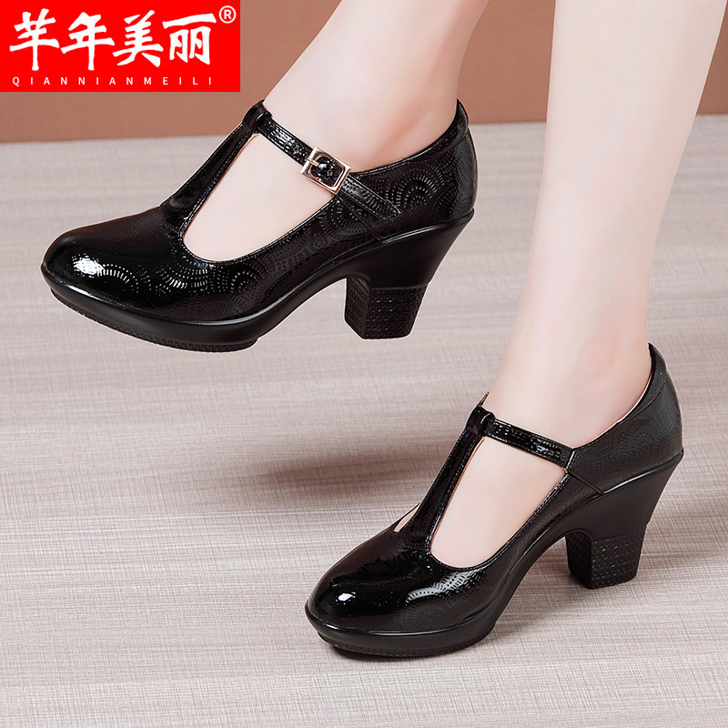 Mid Heel cheongsam catwalk high heel women's chunky heel round toe plus size square dancing shoes T buckle comfortable mom shoes