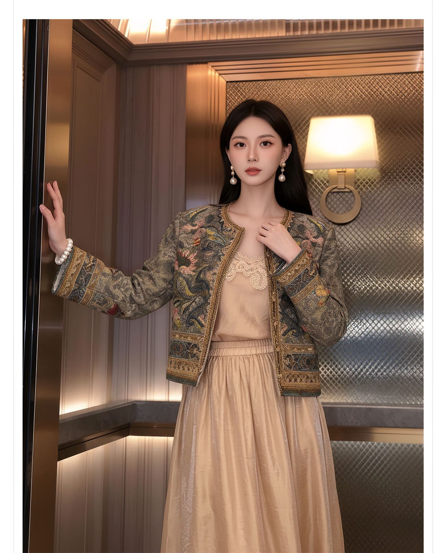 Bộ váy áo khoác + đầm maxi thắt eo phong cách Tân Trung Hoa, họa tiết jacquard nổi bật — nửa váy, Trang chủ, áo khoác chi tiết 9