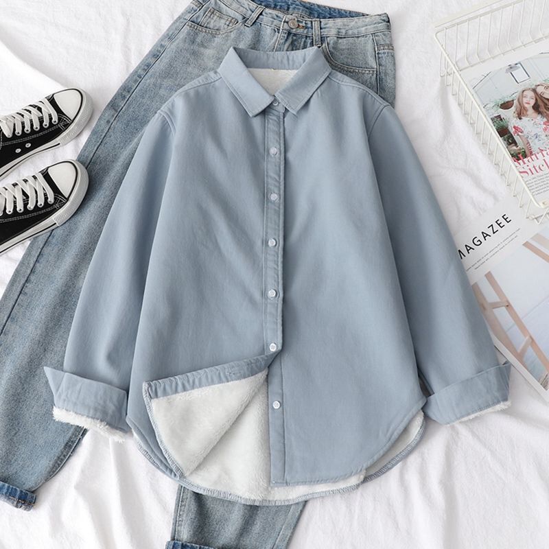 Solid Color Fleece-lined Warm Shirt Women's 2022 Autumn and Winter Korean Style Loose Artistic Thickened Western Style Shirt Jacket Solid Color Fleece-lined Warm Shirt Women's 2022 Autumn and Winter Korean Style Loose Artistic Thickened Western Style Shirt Jacket
