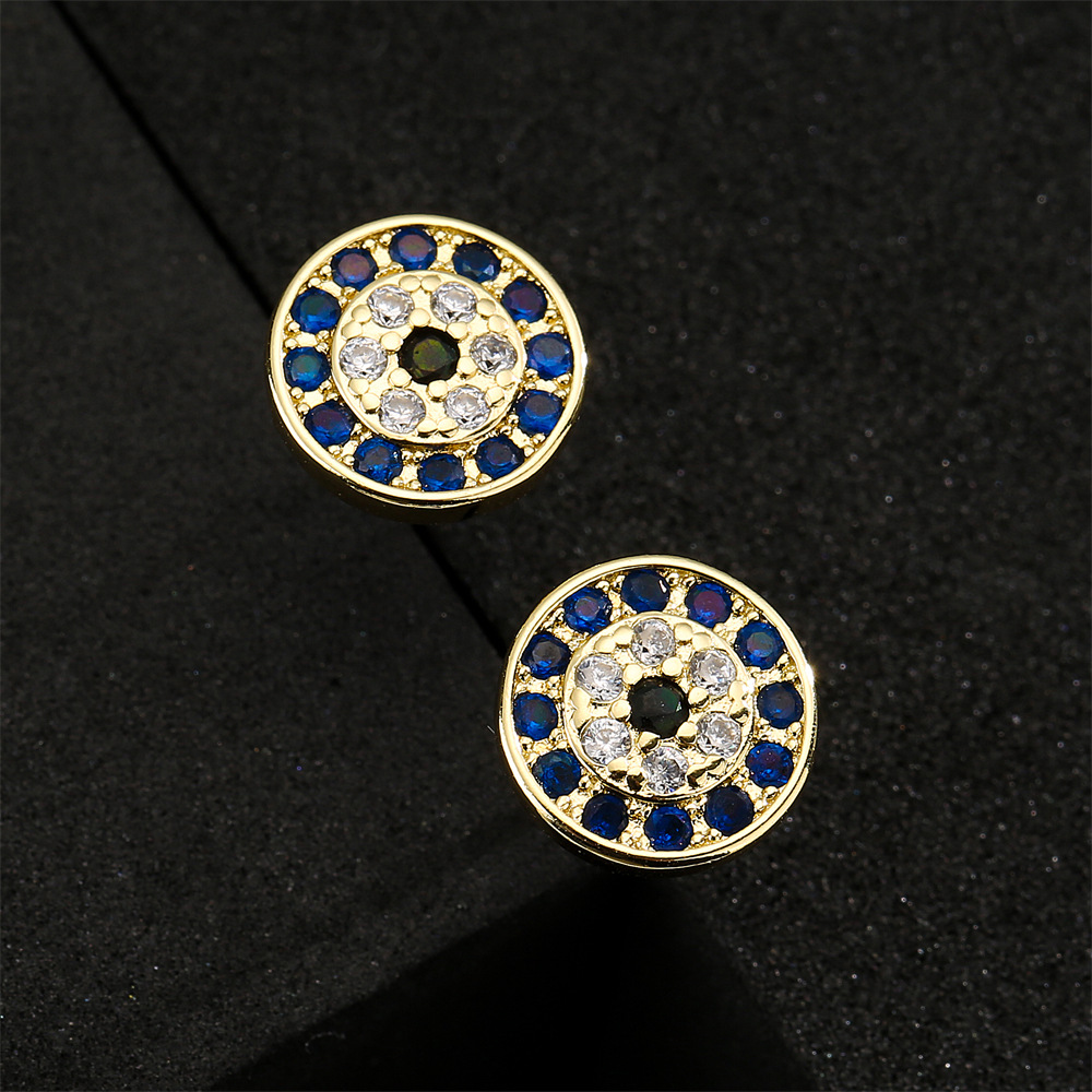 Retro Simple Round Black And White Blue Zircon Earrings Copper Plated 18k Gold Earrings display picture 4