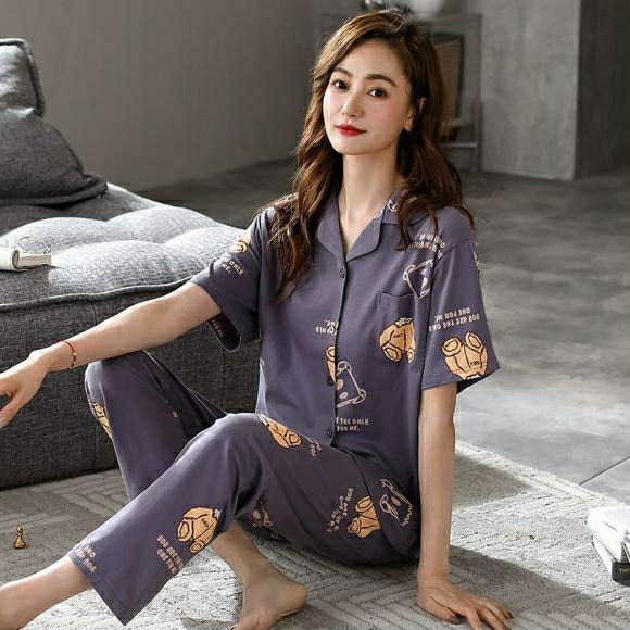 Pijamas pantalones de manga corta de algodón de verano de las mujeres traje de ropa para el hogar primavera y otoño Chaqueta de punto de las mujeres de la solapa delgada se puede usar fuera