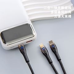 新しい透明ファッションled多色2 in 1急速充電データライン2ドラッグ1は華為リンゴに適している