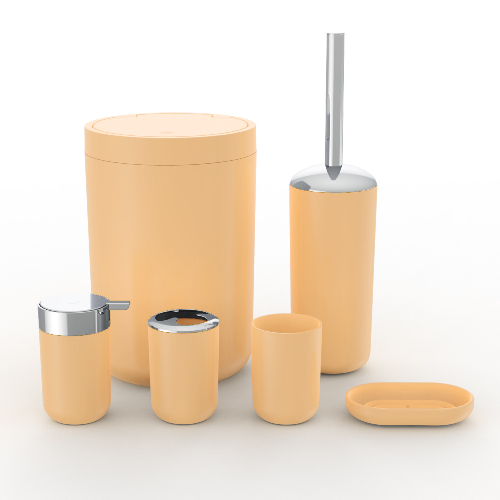 Plástico de color sólido plateado seis piezas conjunto de cepillo de dientes caja de jabón cepillo de inodoro almacenamiento baño conjunto de lavado
