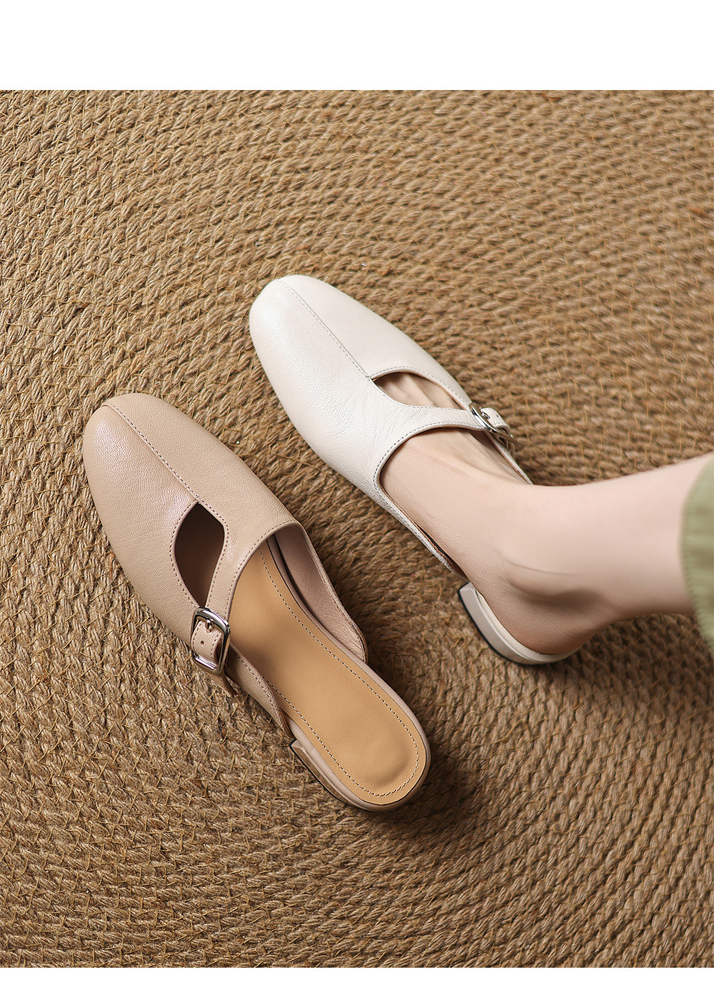 Dép sandal nữ da bò trùm đầu hở gót gót thấp đơn giản — màu trắng ngà chi tiết 1