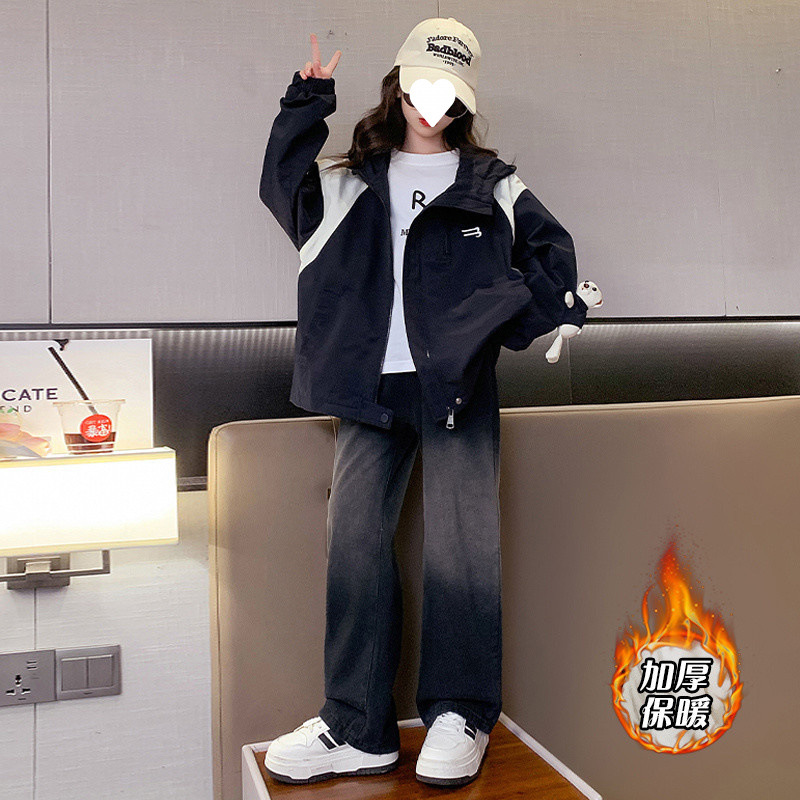 (2개) 소녀의 가을 코트 2024 새로운 스타일 소녀의 한국 스타일 유행 비뚤어진 목 곰 충전 옷 어린이 캐주얼 후드 스웨트 셔츠