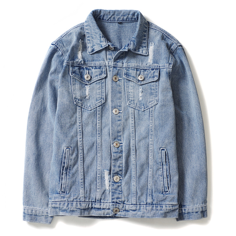 Marchio di abbigliamento maschile alla moda, giacca in denim con testa di gatto ricamata in modo squisito, camicia da uomo alla moda, stile Hong Kong, studente, coppia, strappata_voghion.com
