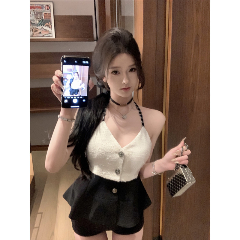 昕可达“午茶小调”设计感小香拼接撞色挂脖吊带收腰显瘦气质上衣