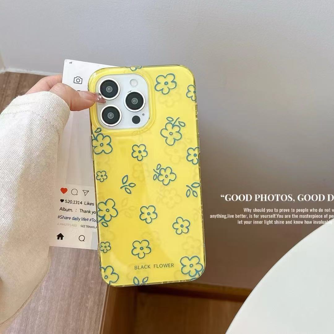 Flores de línea amarilla fresca de verano para iPhone15 Apple 16ProMax funda para teléfono móvil 14 mujeres 13 nuevo