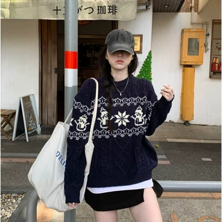 费尔岛雪人提花菱格毛衣女宽松慵懒风秋冬圣诞氛围感减龄甜妹穿搭
