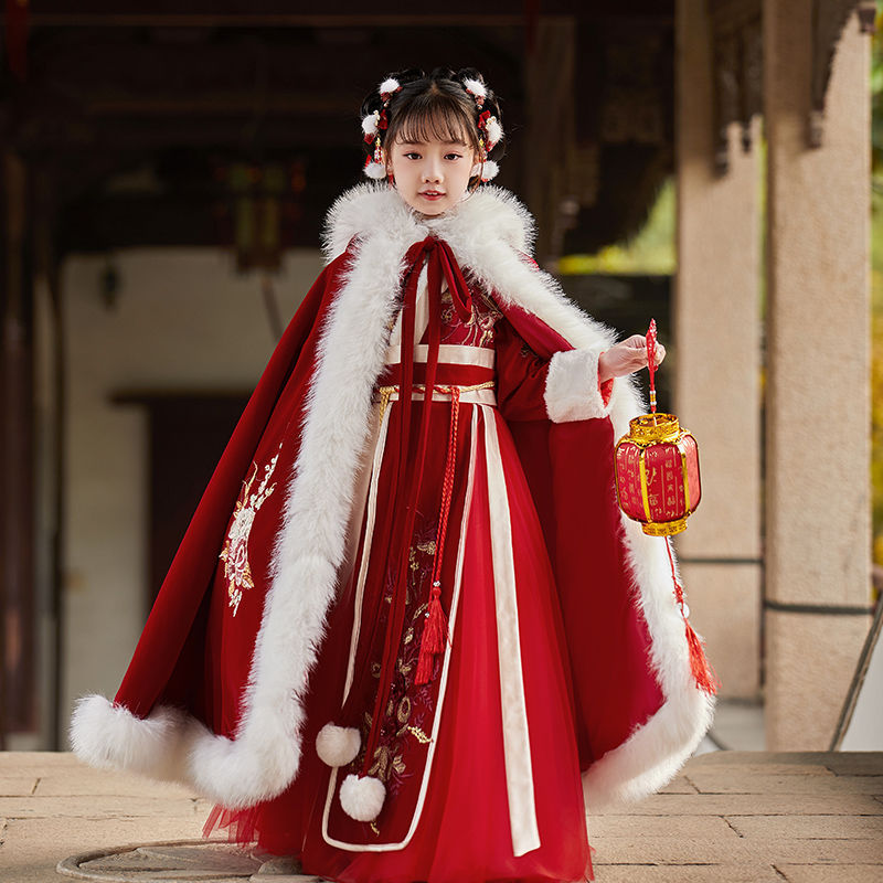 拜年服女童汉服冬装儿童古装加厚新年唐装中国风女孩古风连衣裙冬