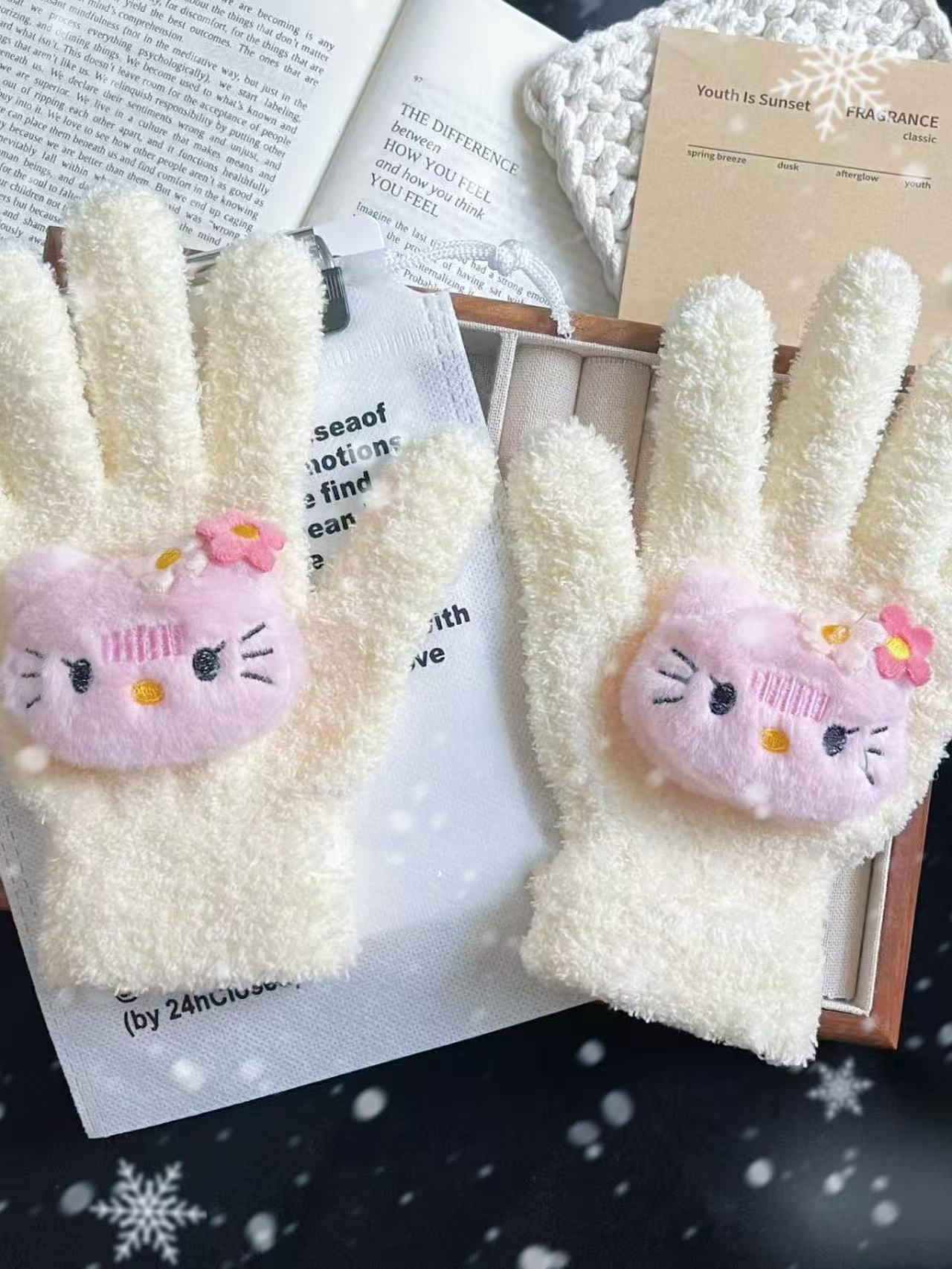 작은 꽃 핑크색 고양이 노란색 장갑 [개별 포장]