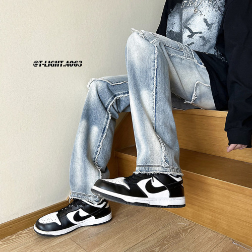 Vibe-style explosion street pants with frayed edges, heavy craftsmanship, washed workwear jeans, old-school West Coast straight-leg pants
