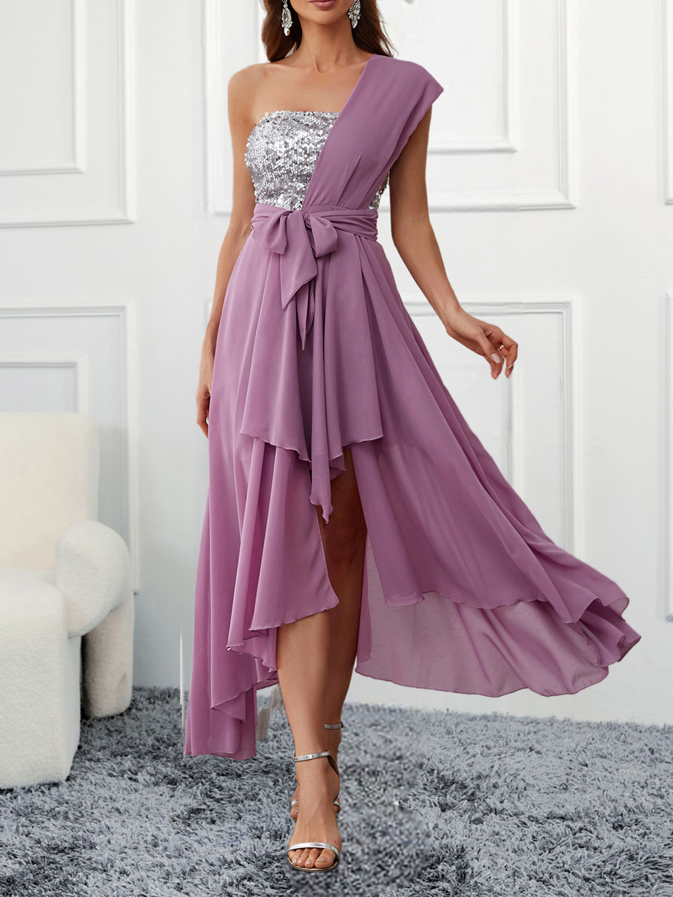 Primavera y verano europeo y americano Comercio exterior nuevo vestido Amazon envuelto pecho lentejuelas gasa gran swing vestido transfronterizo exclusivo
