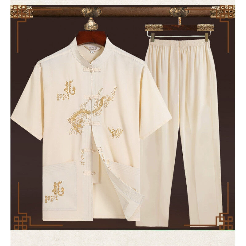 Летние мужские топы с короткими рукавами для мужчин среднего и пожилого возраста с воротником-стойкой Костюм Тан в китайском стиле Популярная одежда в китайском стиле Костюм из ледяного шелка Ханфу
