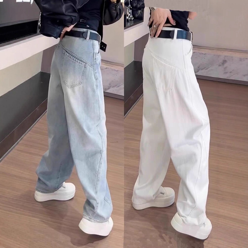 플러스 사이즈 여성 2025 봄 신상 흰색 스트레이트 청바지 뚱뚱한 소녀 루즈 슬리밍 느슨한 세이버 바지