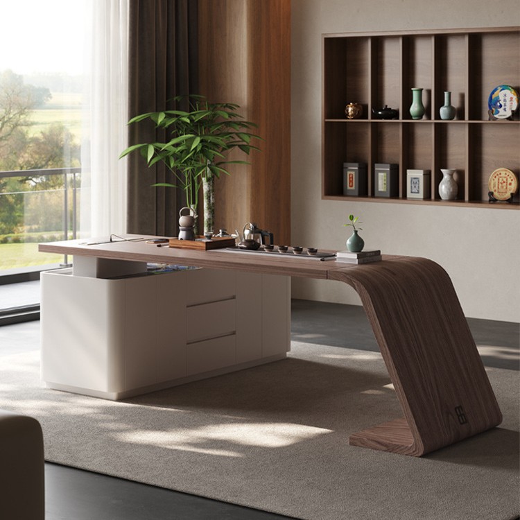 Mesa de té, tetera, integrado, lujo ligero moderno, sensación de alta gama, mesa de té de madera maciza, mesa de computadora combinada