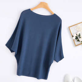 夏季薄款圆领曲珠短袖女宽松蝙蝠袖遮肉气质冰丝T恤春秋背心上衣