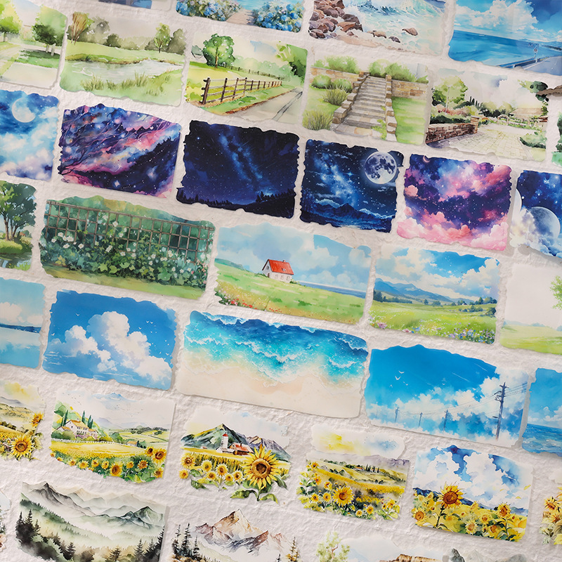Ritmo lento transparente impermeable pet cinta adhesiva caja diy diario diario pegatinas paisaje pastoral transfronterizo pegatinas paisajísticas