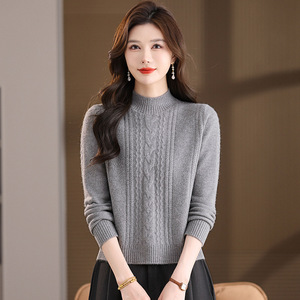 秋季新款绞花针织毛衣宽松长袖半高领女士冬季打底衫年轻款妈妈衫，女装针织衫/毛衣，妃慕昵服饰