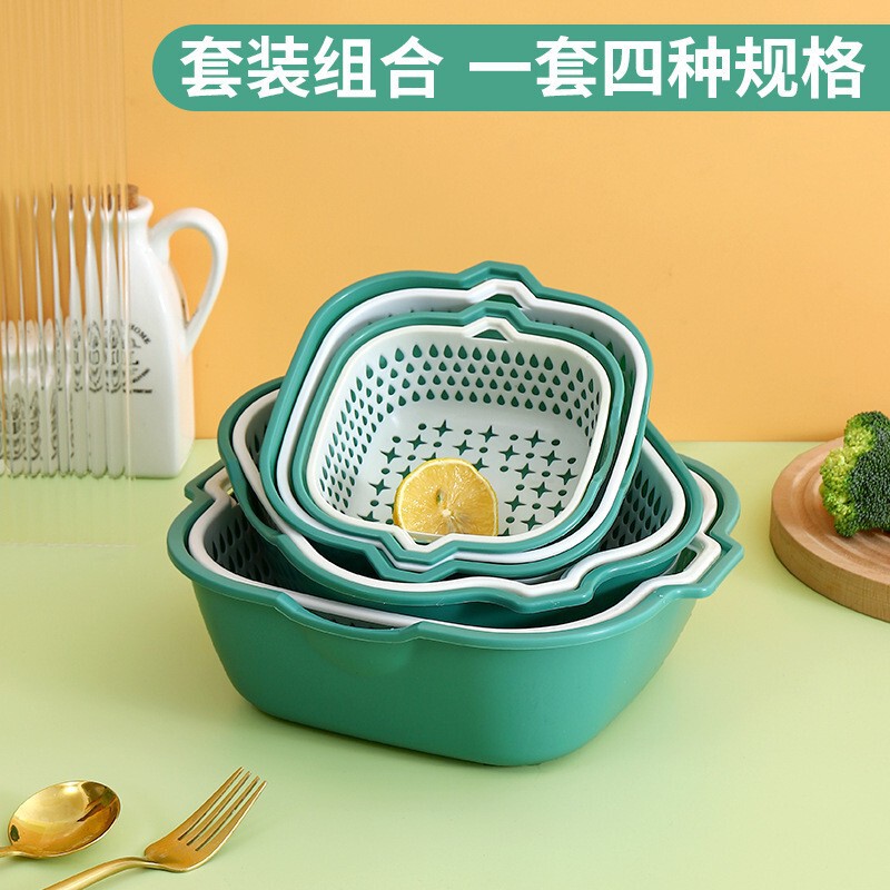 Double-Layer Draining Basket for Home Kitchen, Large Rectangular Plastic Set of Six for Washing Vegetables and Fruits, Draining Tool Double-Layer Draining Basket for Home Kitchen, Large Rectangular Plastic Set of Six for Washing Vegetables and Fruits, Draining Tool
