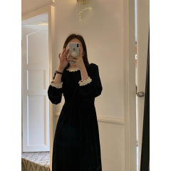 【現品】フランス式ヘボン風黒ベロアワンピース女性秋冬レースが細く見えるロングスカート