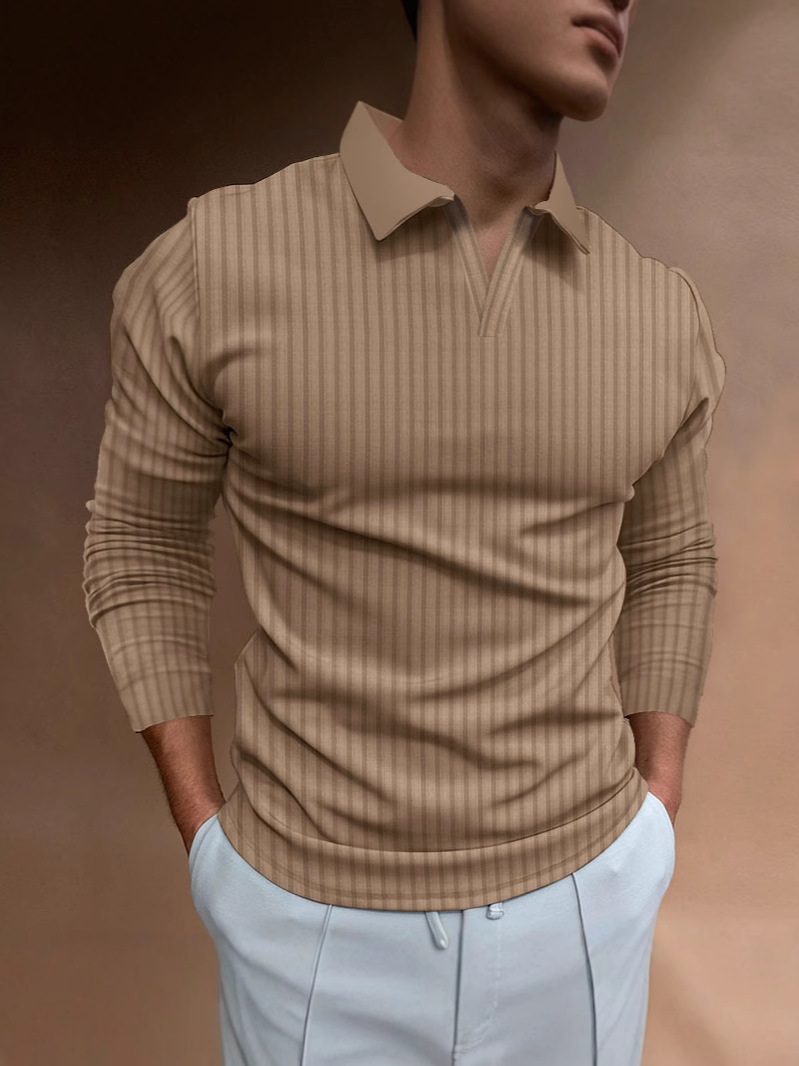 Camisa Polo para Hombre, Estilo Europeo y Americano, Comercio Transfronterizo, Otoño, Fitness, Casual, Cuello Alto, Manga Larga, Rayas Verticales, Cuello en V