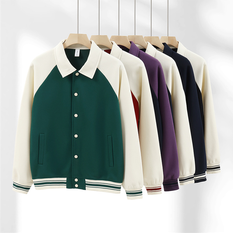 Autumn and Winter 380g New Contrast Color Raglan Sleeve Lapel Baseball Jacket Preppy Style Retro Casual Cardigan Sweatshirt for Men