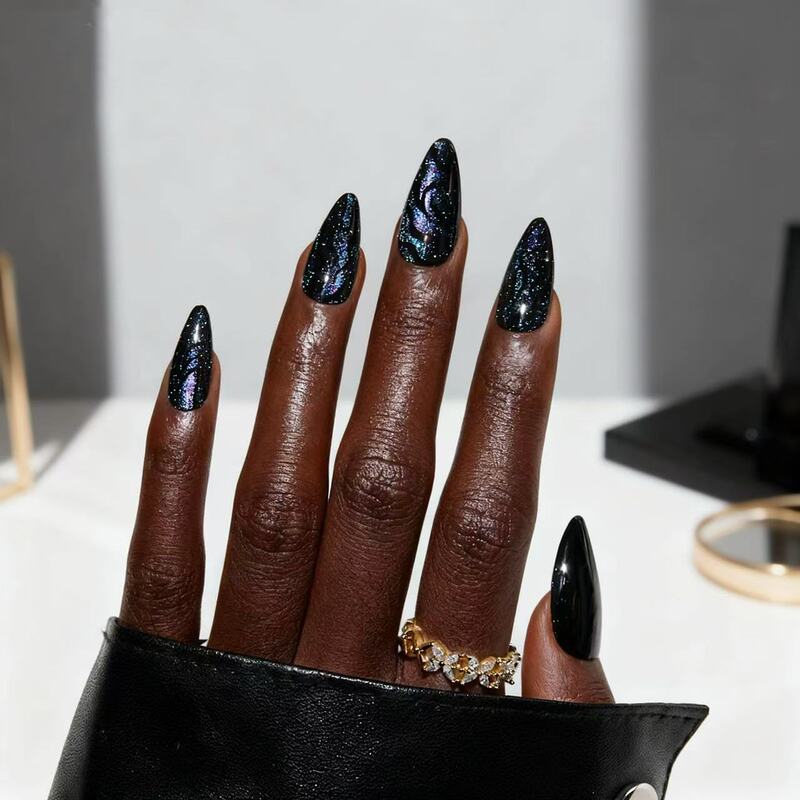 Shiny Cat Eye Flash Wearable Nails Black Manicure Nails Short Almond Nails Foreign Trade Hot Selling Fake Nails Wholesale