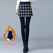 冬季大码女士加绒加厚假两件打底裤外穿黑色踩脚长裤显瘦毛呢裙裤