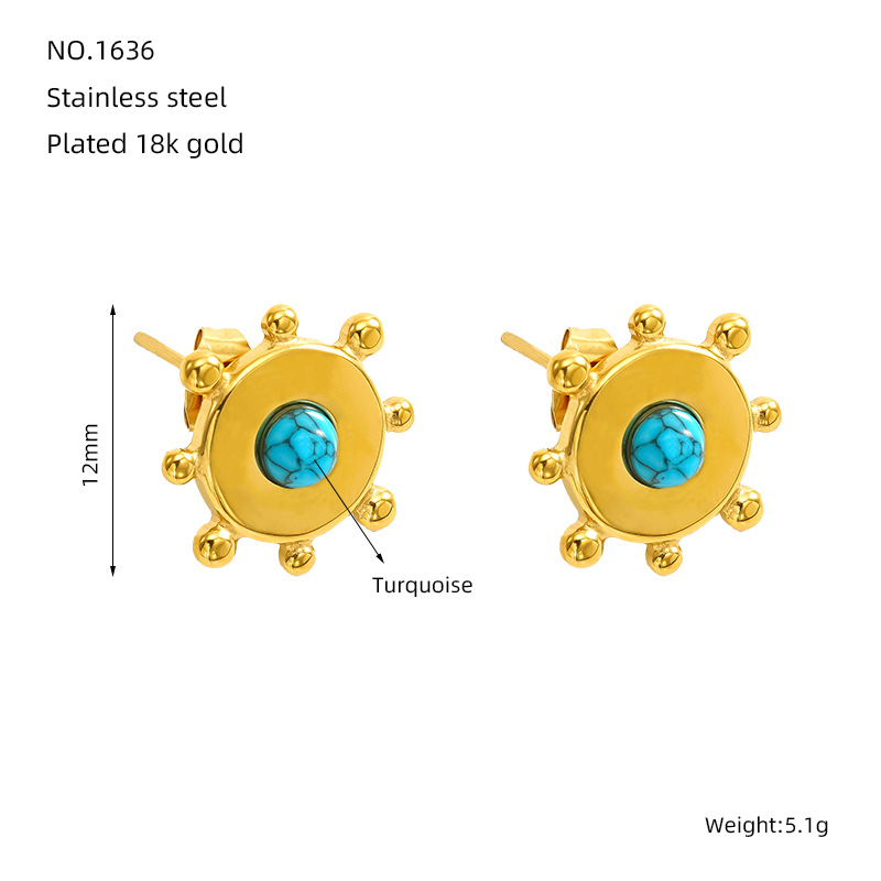 Pendientes de acero de titanio turquesa azul transfronterizo europeo y americano para mujer Pendientes de acero inoxidable chapado en oro de alta calidad retro para mujer