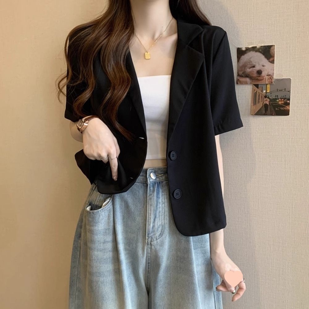 Solid color summer new 2026 short suit jacket, petite design, niche suit shirt, simple top