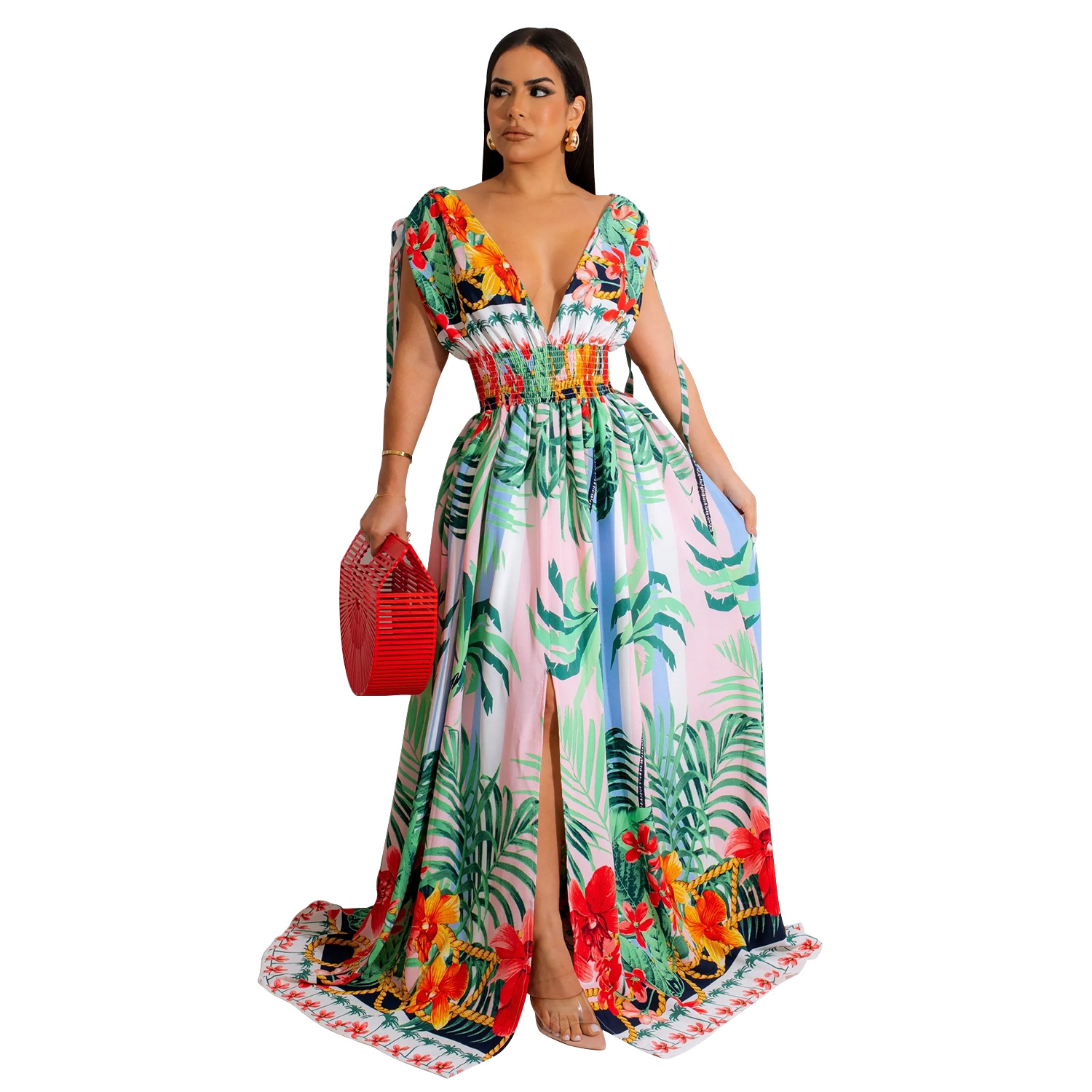 X6268 transfronterizo AliExpress Amazon europeo y americano de la moda de las mujeres pintado floral sin mangas en V vestido de las mujeres image 6