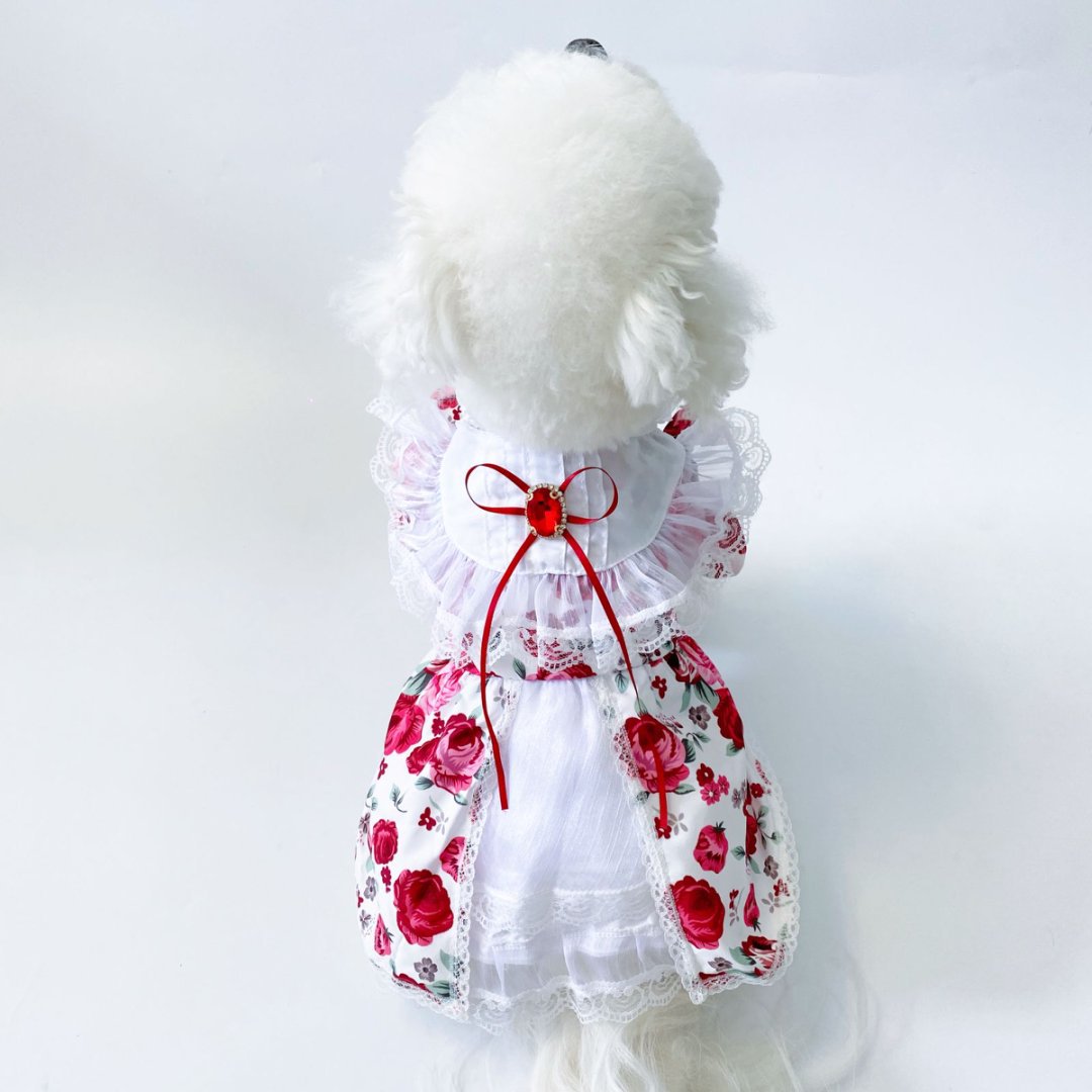 개와 고양이 옷 복고풍 여름 플라잉 슬리브 로즈 레이스 스커트 테디 비숑 작은 개 여름 얇은 개