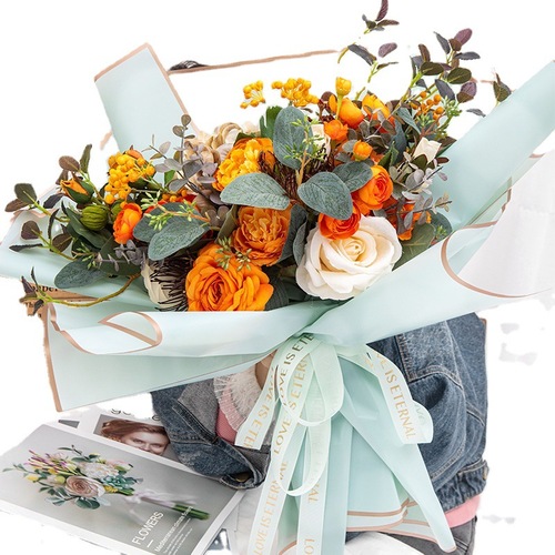 Gelatin film waterproof flower wrapping paper for wholesale Valentine's Day bouquet packaging materials, floral gold edge matte floral wrapping paper