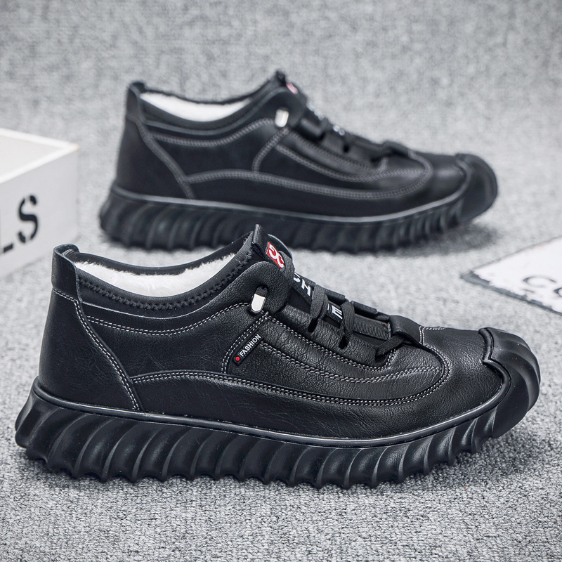 Zapatillas hombre piel negra media caña suela gruesa outdoor hiking_voghion.com